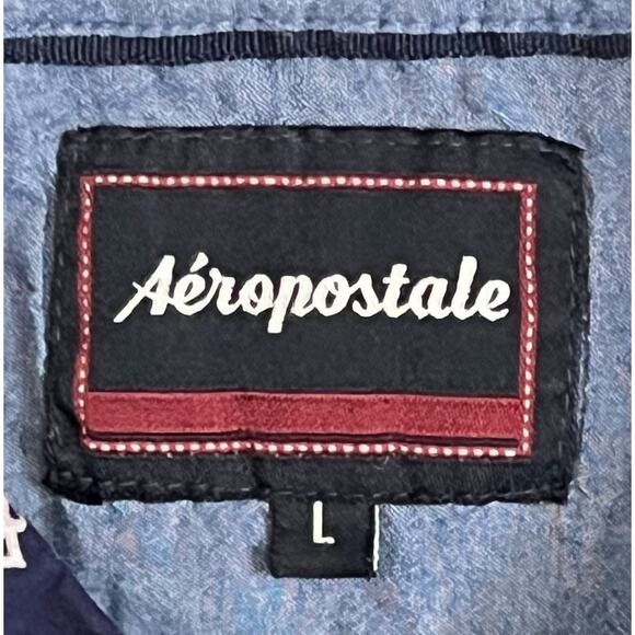 Aeropostale A87 Men’s Short Sleeve Button Up Shirt Large Navy Blue All Over Logo - Picture 7 of 11